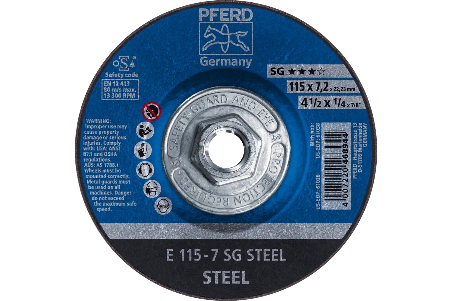Picture of Pferd Grinding Wheel, 4-1/2" X 1/4 X 5/8-11, Sg Steel, T27, Aluminum Oxide
